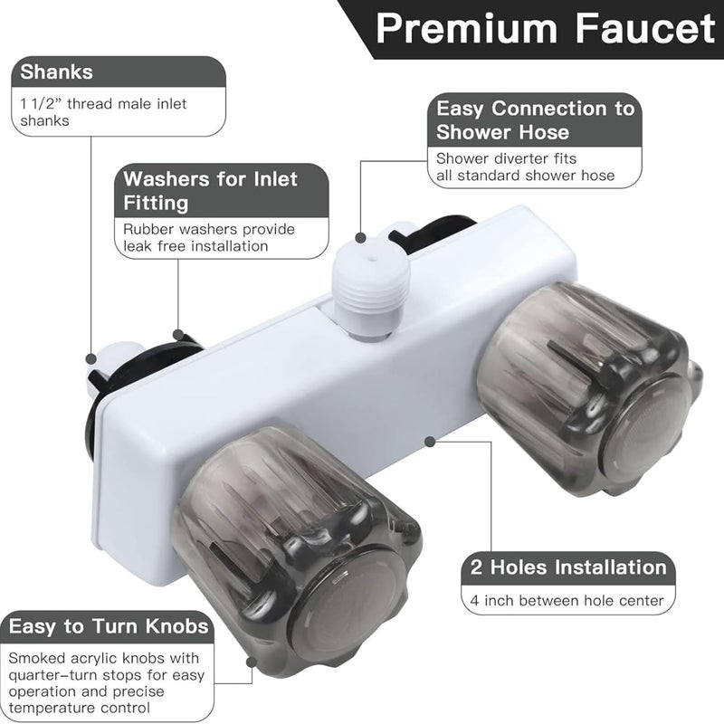 DSRTLP RV Shower Faucet, Camper Shower Faucet Replacement, with 2 knobs 4 Inches Outdoor Faucet use for Mobile outside Van Travel Trailer Motorhome Bathroom and Boat, White - Image 4